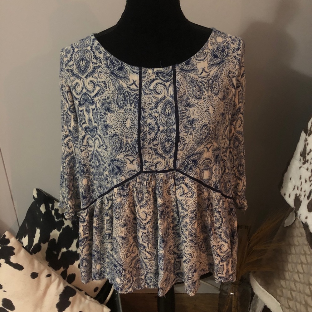 altar’d state blue and cream blouse